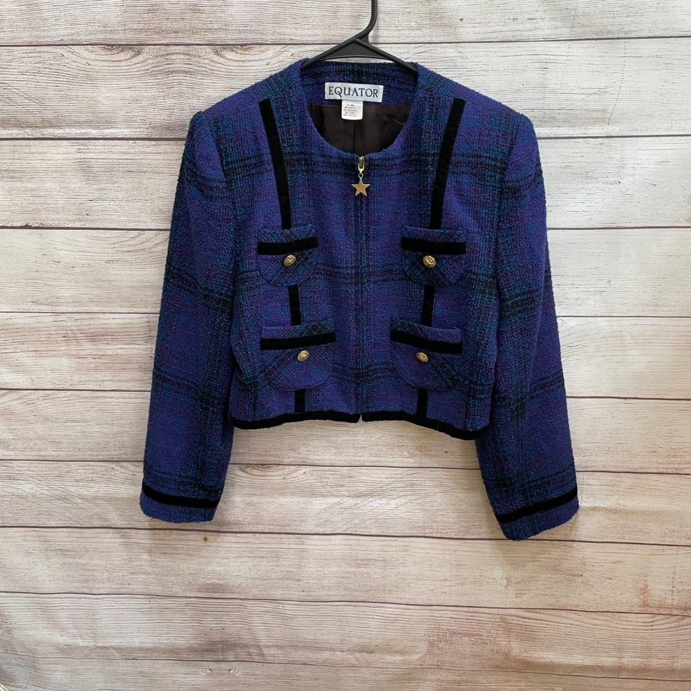 VINTAGE EQUATOR WOOL BLEND PLAID CROPPED BLAZER‎
